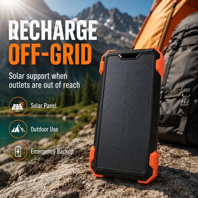 Cargador Solar Portátil de 42800 mAh, Carga Rápida de 15 W, 4 Cables Integrados, 7 Salidas, 3 Entradas, Carga Inalámbrica, Resistente al Polvo, Linterna Doble, Mosquetón y Termómetro para Celulares