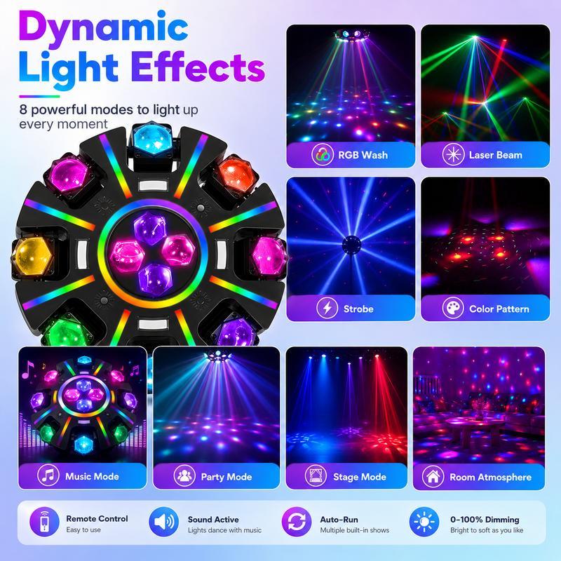 Cabeza Móvil RGBW de 8 Ojos para DJ, Luz para Fiestas con Láser Rojo y Verde, 38 Tiras de Luz RGB, Estroboscópico, Luz de Escenario Activada por Sonido DMX512 para Clubes, KTV, Salas de Juegos, Raves, Fiestas en Casa, Fiestas de Halloween y Ambientes