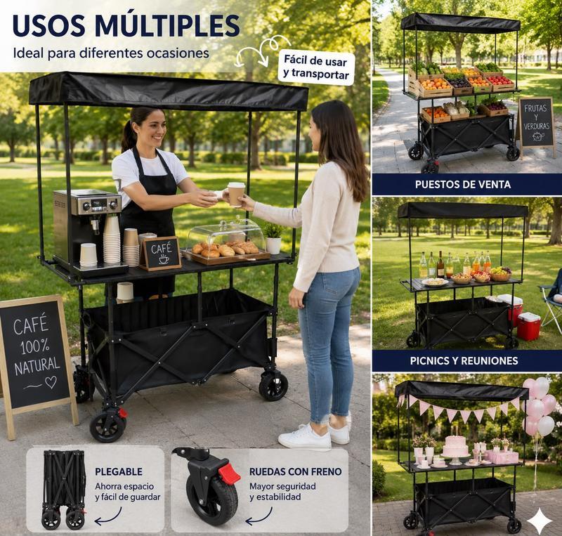 Carrito Multiusos Plegable con Toldo y Ruedas – Estación Móvil para Eventos, Negocios y Picnic