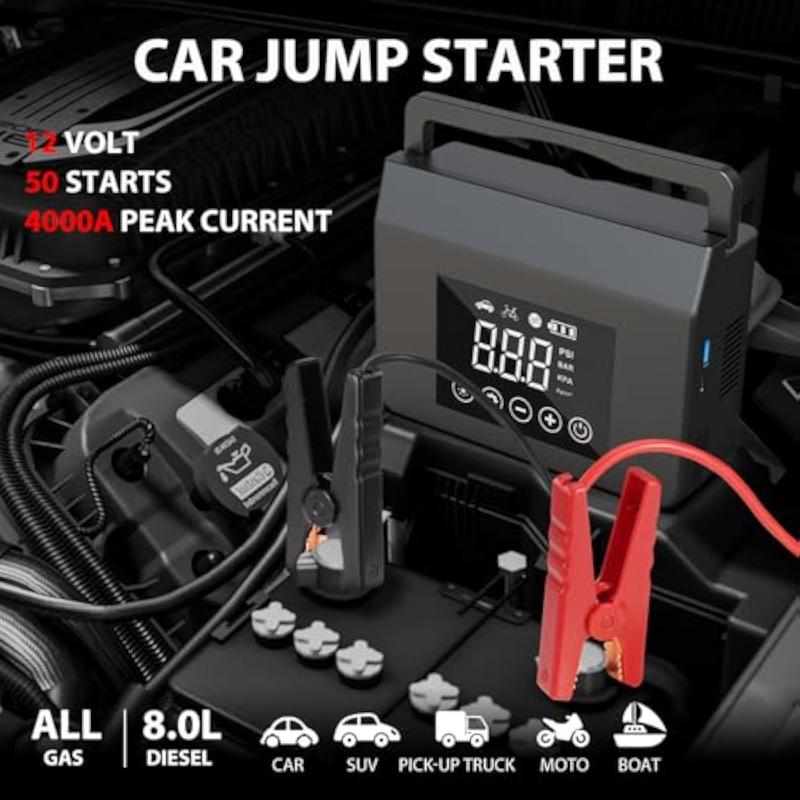 Arrancador de batería para auto 4000A con inflador de llantas 150 PSI, batería portátil 15000mAh, luz LED y herramienta de emergencia para autos y camionetas.