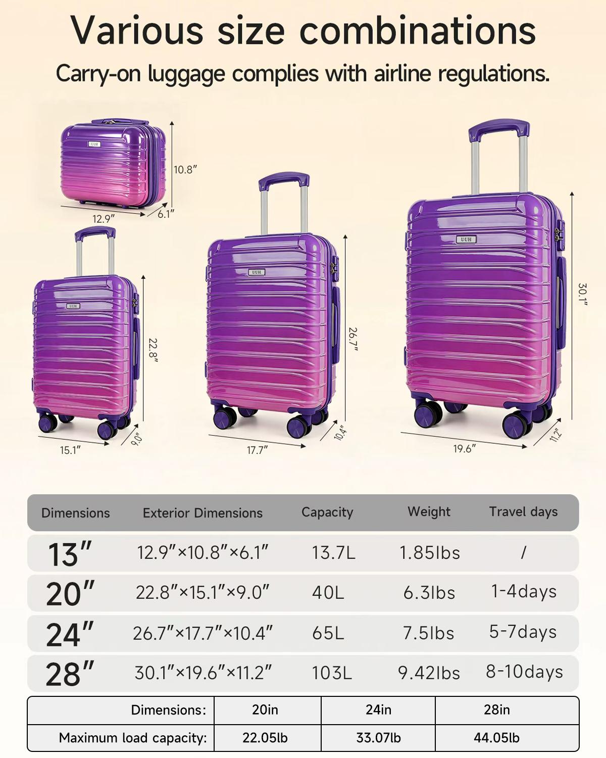 UUH Luggage Sets(3pcs/4pcs/6pcs/7pcs/8pcs) with TSA Locks - Suitcase for Travel, Hardshell Luggage Spinner Wheels Lightweight UUH Luggage Sets(3pcs/4pcs/6pcs/7pcs/8pcs) with TSA Locks - Suitcase for Travel, Hardshell Luggage Spinner Wheels Lightweight