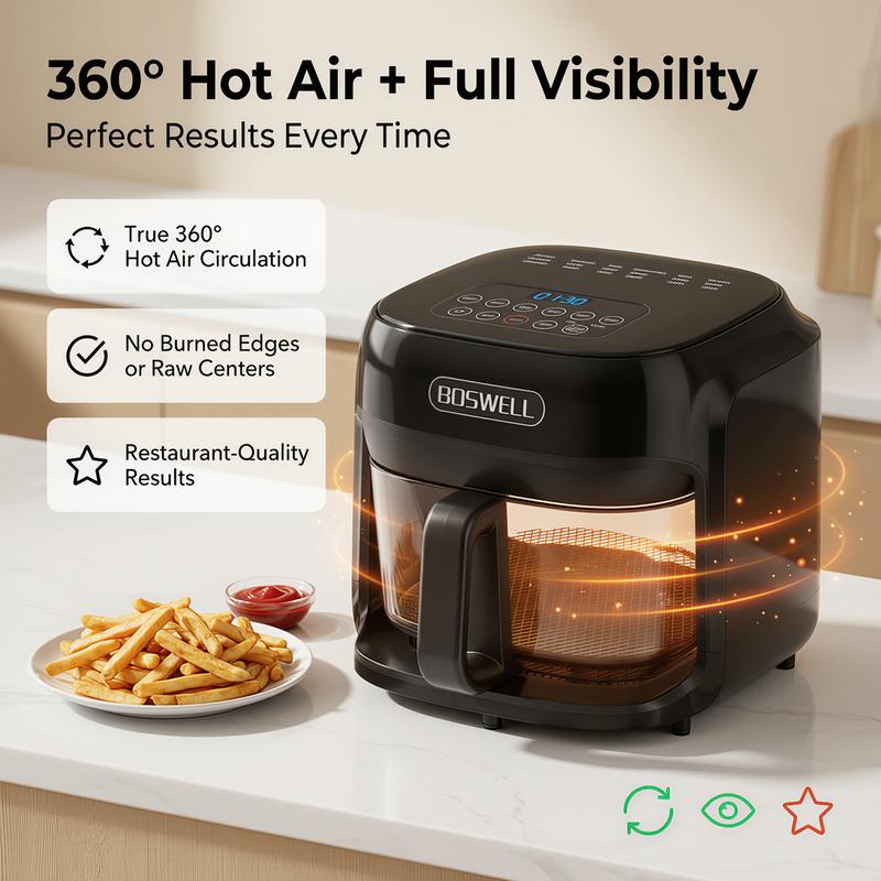 Freidora de Aire de Vidrio de 7.5 QT, Tazón Transparente Resistente al Calor, 1200W, 5 en 1, Cocina un Pollo Entero, Cocción Sin Aceite, Recipiente Apto para Lavavajillas, Ideal para Familias y Preparación de Comidas