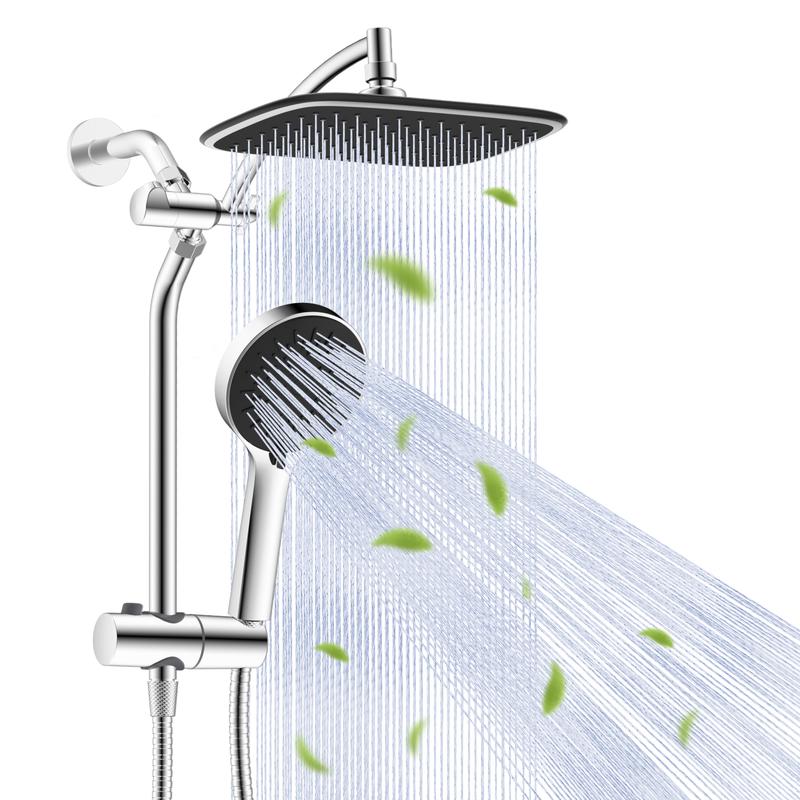 Combo de Regadera de 10", Alta Presión con Efecto Lluvia, 5 Modos de Rociado, Ducha de Mano, Desviador de 3 Vías, Brazo Ajustable, Manguera de 59" y Soporte, Acabado Cromo