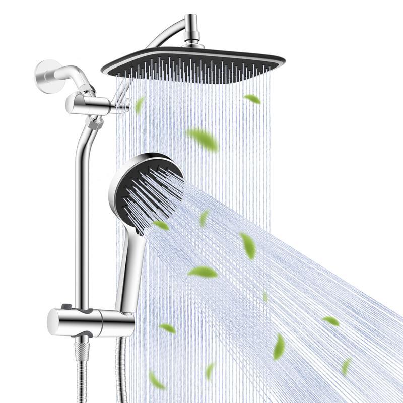 Combo de Regadera de 10", Alta Presión con Efecto Lluvia, 5 Modos de Rociado, Ducha de Mano, Desviador de 3 Vías, Brazo Ajustable, Manguera de 59" y Soporte, Acabado Cromo