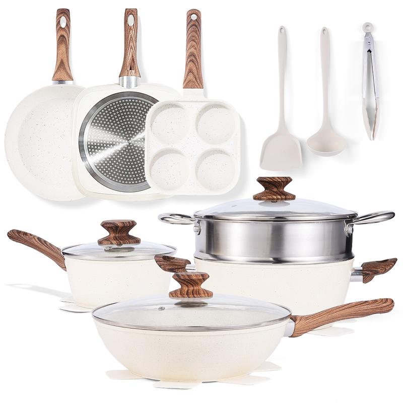 Set de 25 piezas de utensilios de cocina antiadherentes de cerámica tipo granito, ollas y sartenes de aluminio con tapas de vidrio, mangos de baquelita cómodos, calentamiento rápido y uniforme, seguro para alimentos y compatible con inducción.
