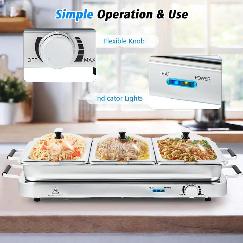 Buffet Eléctrico 2 en 1 con Bandeja Calentadora de Acero Inoxidable, Control de Temperatura, 3 Charolas y Capacidad de 4.5/8 Qt para Fiestas y Eventos