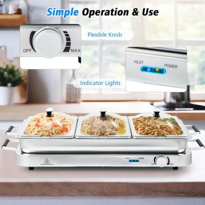 Buffet Eléctrico 2 en 1 con Bandeja Calentadora de Acero Inoxidable, Control de Temperatura, 3 Charolas y Capacidad de 4.5/8 Qt para Fiestas y Eventos