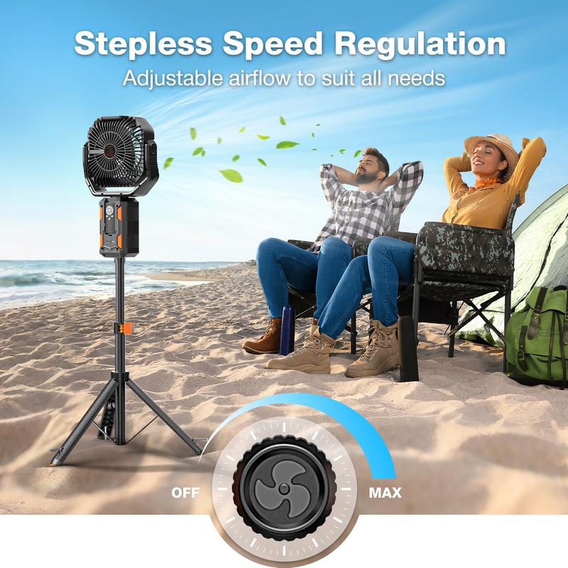 Ventilador Portátil 4 en 1 para Camping con Trípode Desmontable, Batería Recargable de 30000 mAh, Luz LED, Giro de 270°, Control Remoto y Oscilación