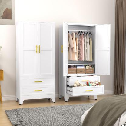 Armario Metálico de 2 Puertas y 2 Cajones, 71" con Barra para Colgar y Repisa Ajustable para Dormitorio