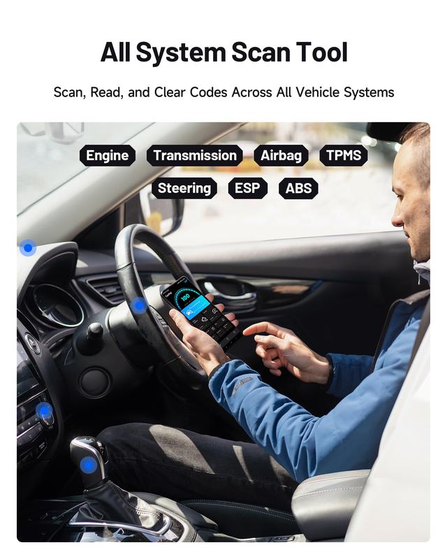 Escáner Automotriz OBD2 Bluetooth, Diagnóstico Completo del Vehículo para iPhone y Android, 6 Funciones de Mantenimiento, Prueba de Emisiones, Lectura y Borrado de Luz Check Engine, 1 Año de Actualizaciones Gratis