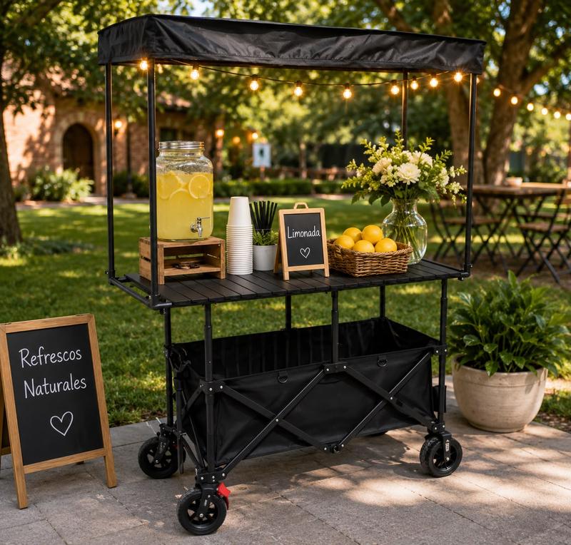 Carrito Multiusos Plegable con Toldo y Ruedas – Estación Móvil para Eventos, Negocios y Picnic