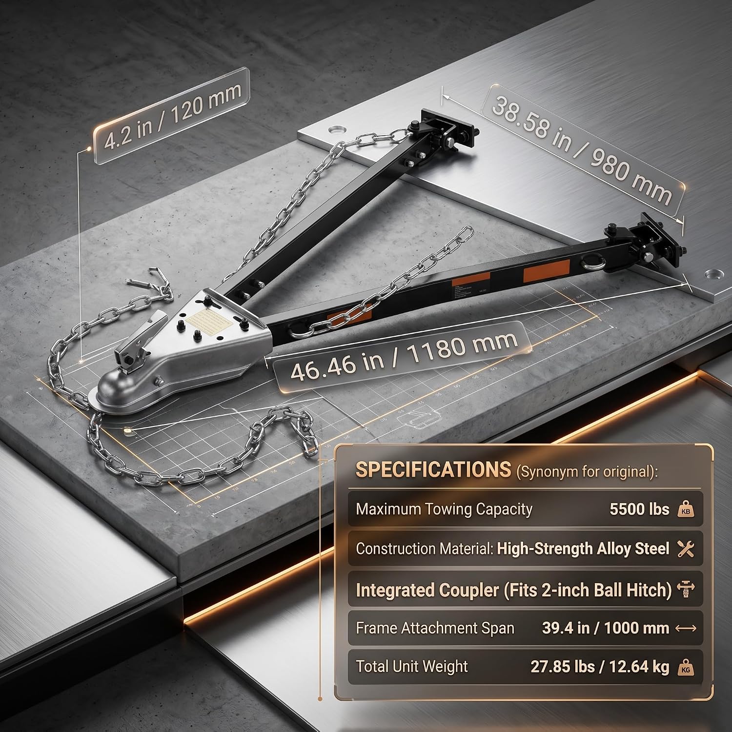 Barra de Remolque Universal 5500 lb con Cadenas de Seguridad, Acero Aleado Reforzado, Compatible con Enganche de Bola de 2" para Autos, RV y Camiones
