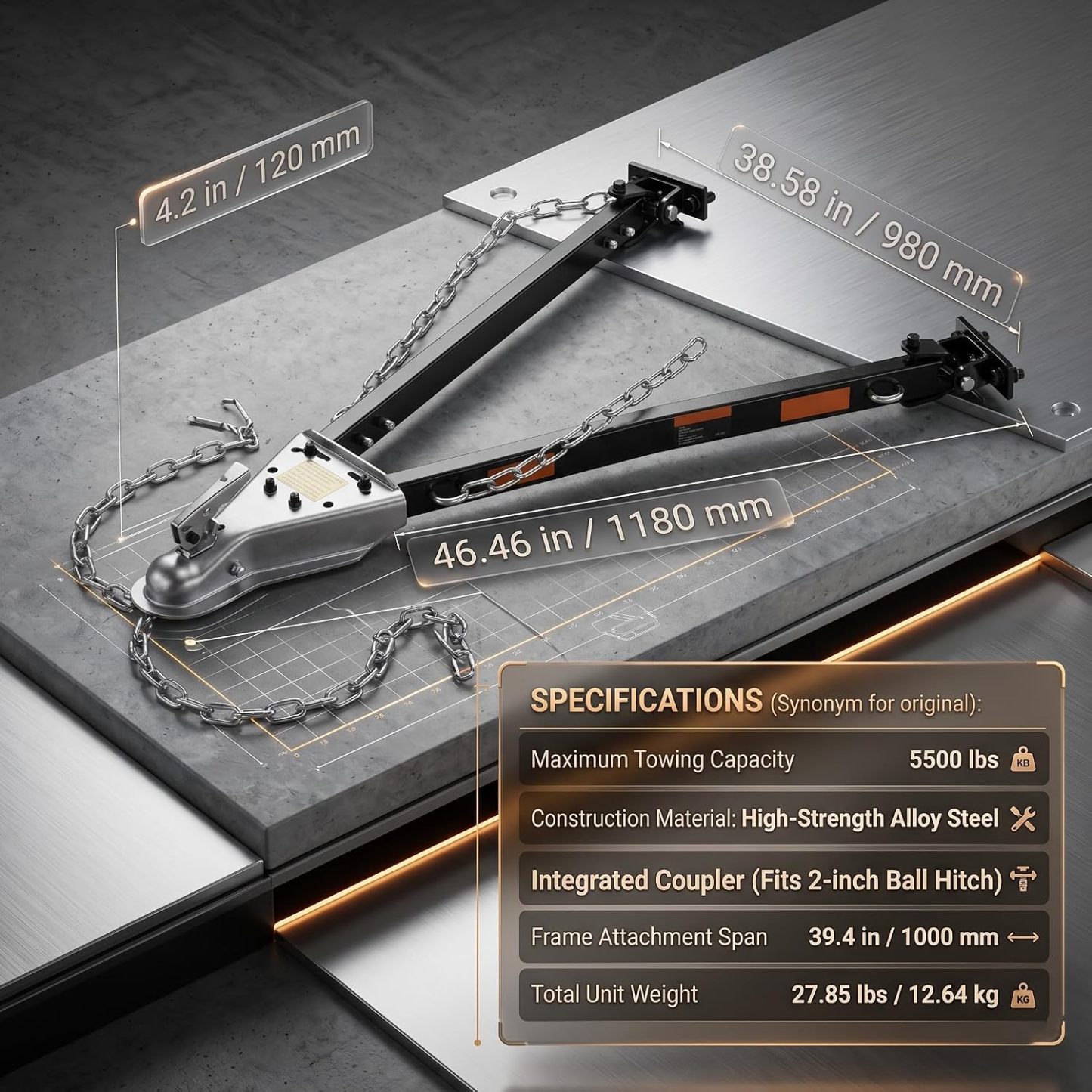 Barra de Remolque Universal 5500 lb con Cadenas de Seguridad, Acero Aleado Reforzado, Compatible con Enganche de Bola de 2" para Autos, RV y Camiones