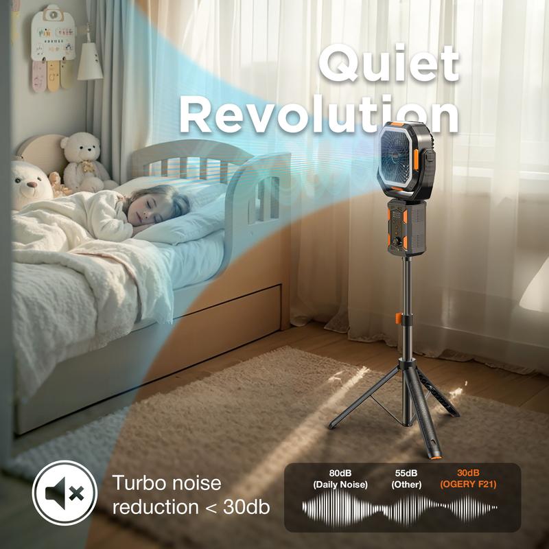 Ventilador Portátil 4 en 1 para Camping con Trípode Desmontable, Batería Recargable de 30000 mAh, Luz LED, Giro de 270°, Control Remoto y Oscilación