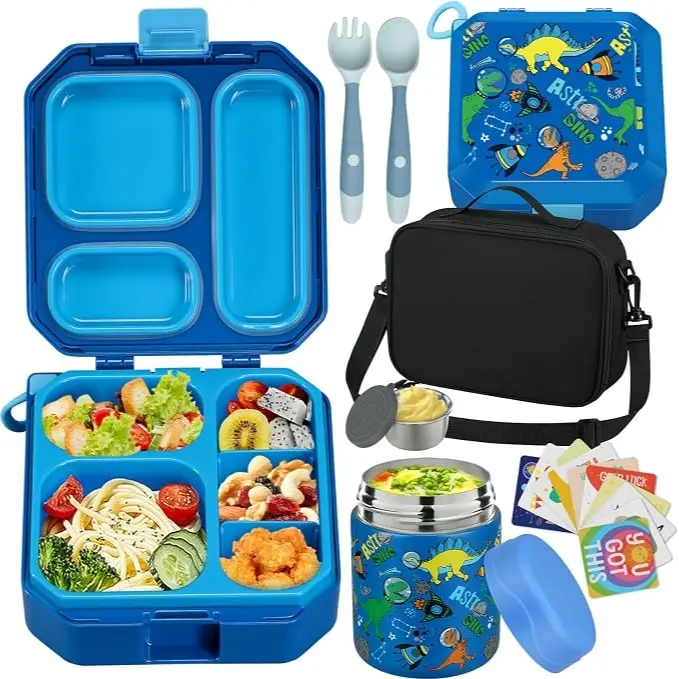 Lonchera Bento para Niños con Termo para Sopa de 12 oz, 5 Compartimentos, Bolsa Térmica, Hermética, Apta para Microondas y Portátil para Escuela