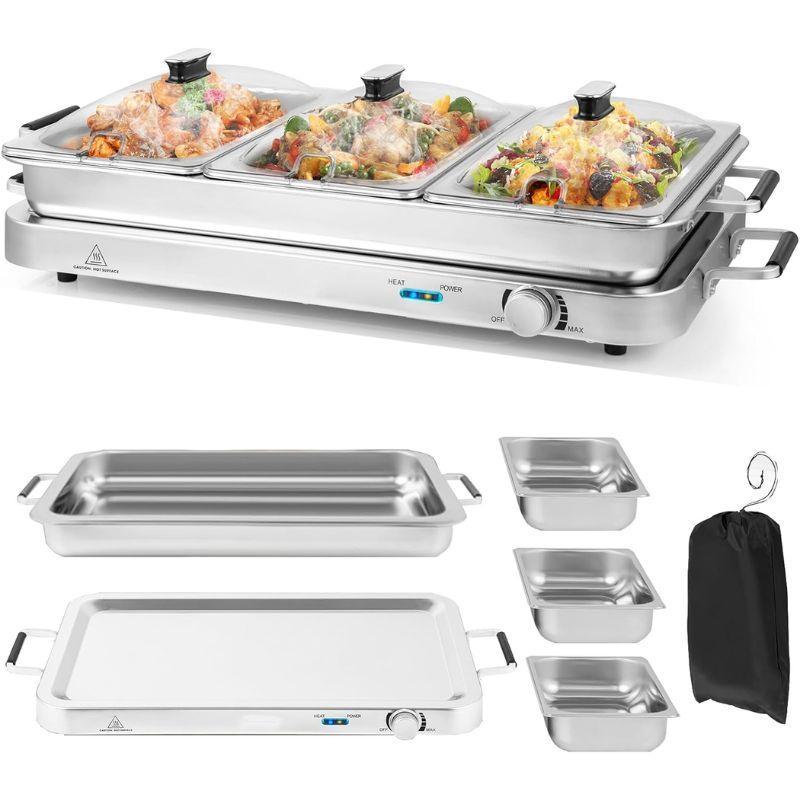 Buffet Eléctrico 2 en 1 con Bandeja Calentadora de Acero Inoxidable, Control de Temperatura, 3 Charolas y Capacidad de 4.5/8 Qt para Fiestas y Eventos