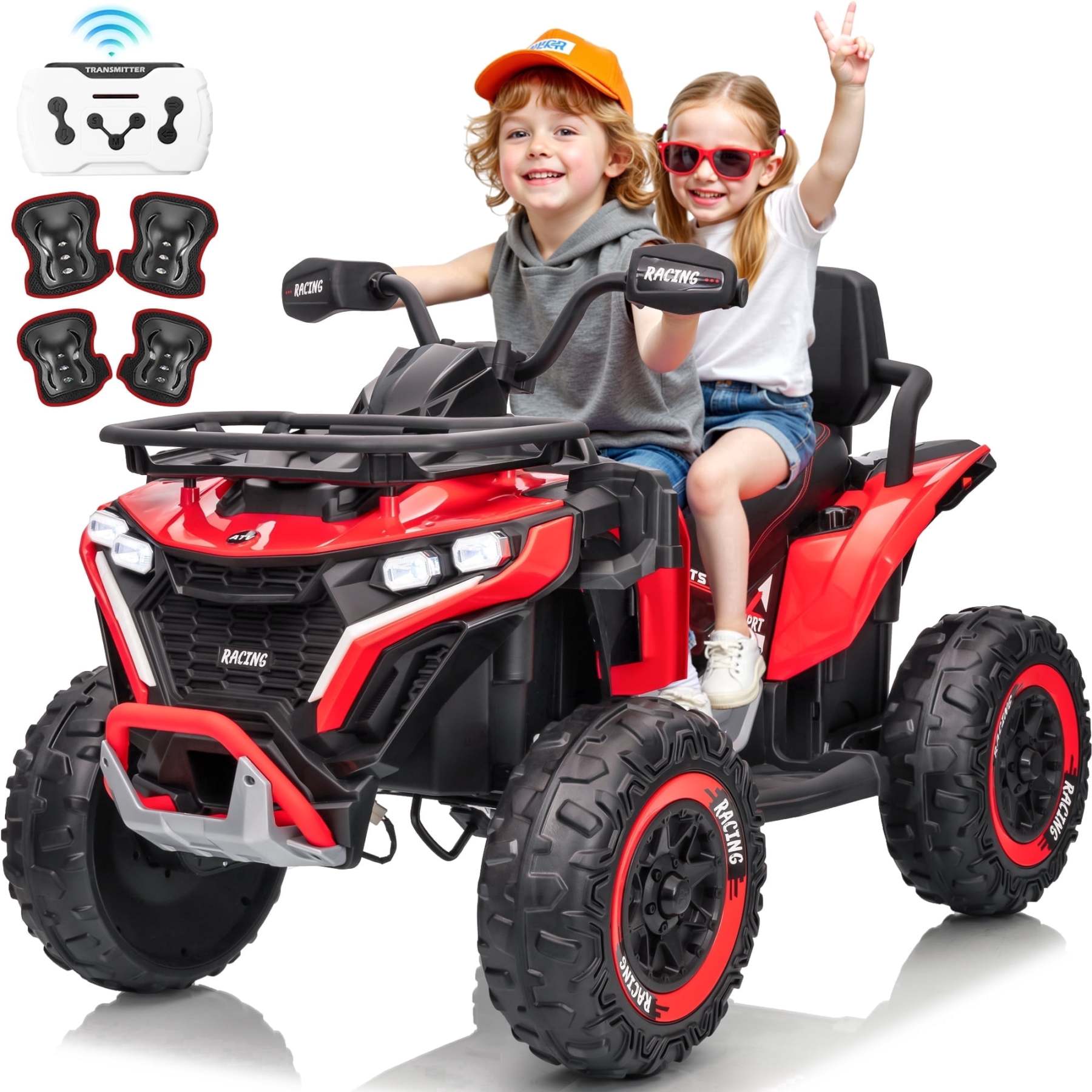 ATV eléctrico infantil 24V 4x4 con 2 asientos XL, motor 800W, llantas EVA, luces LED, control remoto, Bluetooth y música para niños de 3-8 años