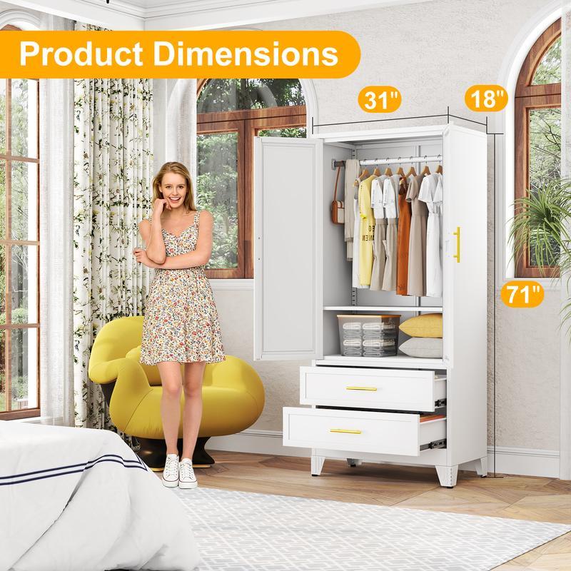 Armario Metálico de 2 Puertas y 2 Cajones, 71" con Barra para Colgar y Repisa Ajustable para Dormitorio