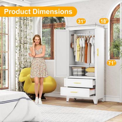 Armario Metálico de 2 Puertas y 2 Cajones, 71" con Barra para Colgar y Repisa Ajustable para Dormitorio