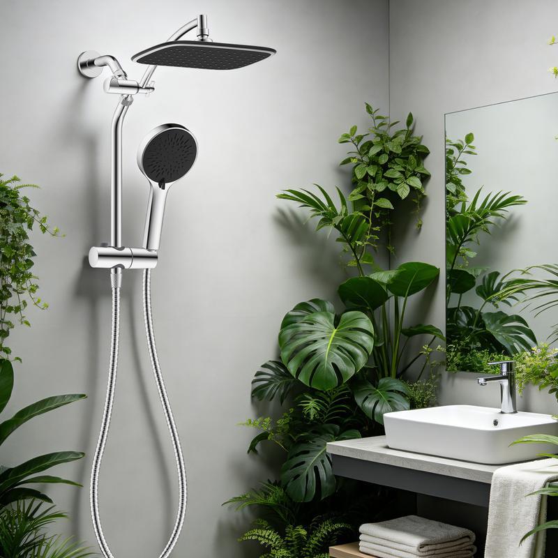 Combo de Regadera de 10", Alta Presión con Efecto Lluvia, 5 Modos de Rociado, Ducha de Mano, Desviador de 3 Vías, Brazo Ajustable, Manguera de 59" y Soporte, Acabado Cromo