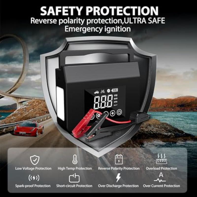 Arrancador de batería para auto 4000A con inflador de llantas 150 PSI, batería portátil 15000mAh, luz LED y herramienta de emergencia para autos y camionetas.