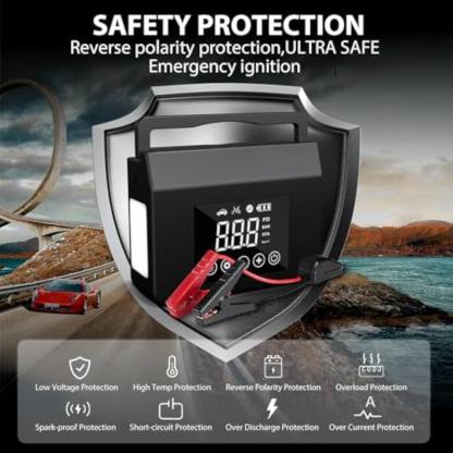 Arrancador de batería para auto 4000A con inflador de llantas 150 PSI, batería portátil 15000mAh, luz LED y herramienta de emergencia para autos y camionetas.