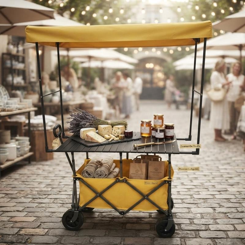 Carrito Multiusos Plegable con Toldo y Ruedas – Estación Móvil para Eventos, Negocios y Picnic