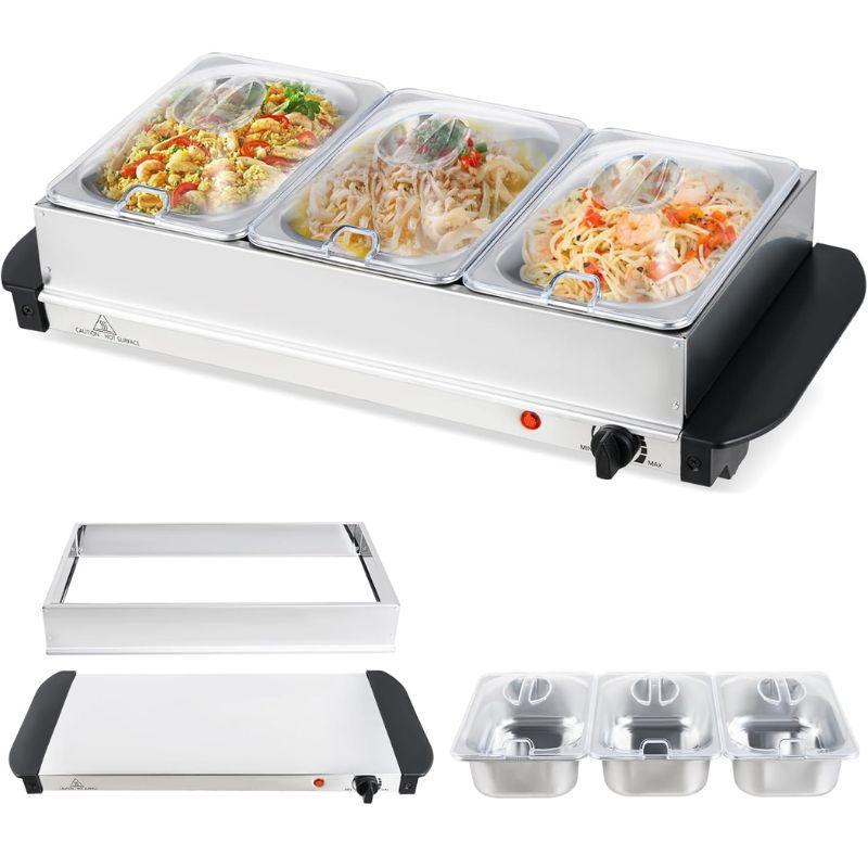 Buffet Eléctrico 2 en 1 con Bandeja Calentadora de Acero Inoxidable, Control de Temperatura, 3 Charolas y Capacidad de 4.5/8 Qt para Fiestas y Eventos