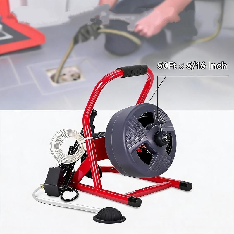 Máquina Eléctrica Destapacaños de 50 pies × 5/16", Motor de 120V 2.1A, Barrena para Tuberías con 6 Cortadores, Ideal para Tuberías de 3/4" a 3"