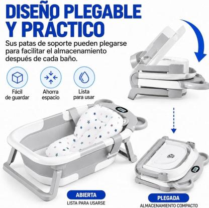 Bluelander Bañera Plegable para Bebé 69.5 x 42 x 21 cm con Medición de Temperatura Cojín de Espuma PU Patas Plegables Espacio para Biberón