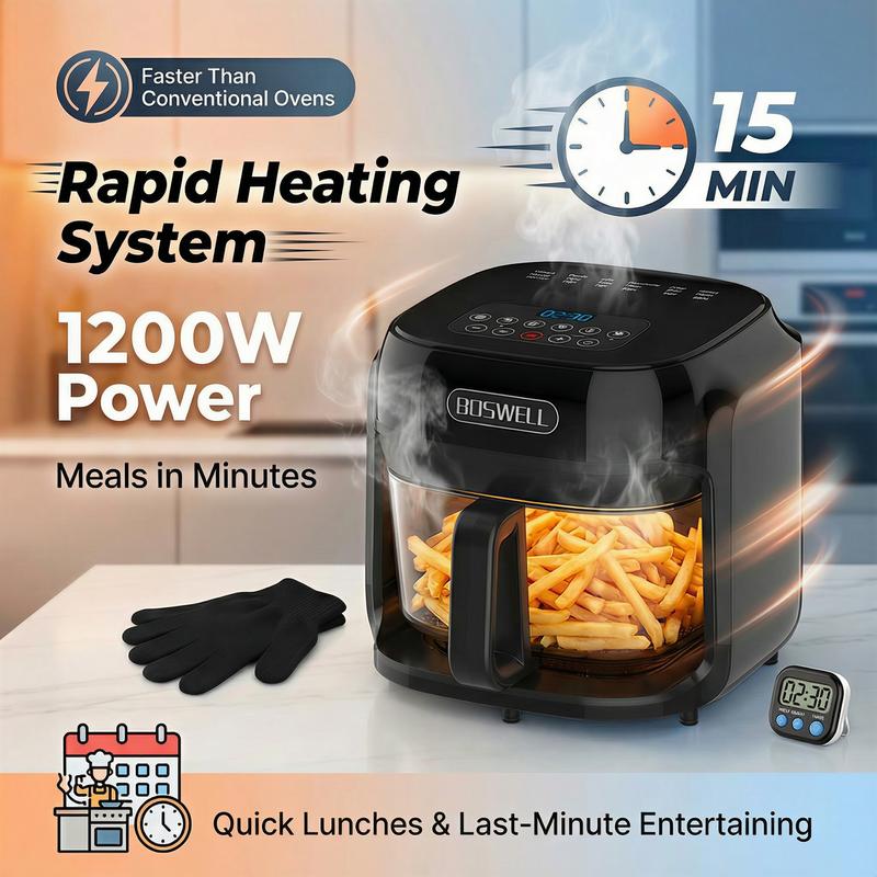 Freidora de Aire de Vidrio de 7.5 QT, Tazón Transparente Resistente al Calor, 1200W, 5 en 1, Cocina un Pollo Entero, Cocción Sin Aceite, Recipiente Apto para Lavavajillas, Ideal para Familias y Preparación de Comidas