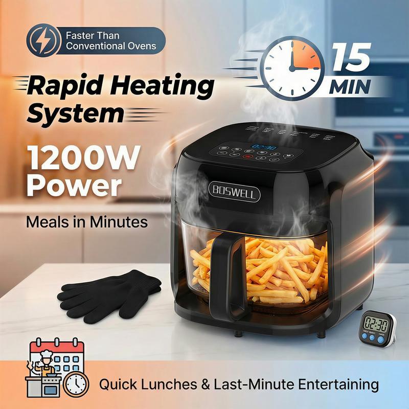 Freidora de Aire de Vidrio de 7.5 QT, Tazón Transparente Resistente al Calor, 1200W, 5 en 1, Cocina un Pollo Entero, Cocción Sin Aceite, Recipiente Apto para Lavavajillas, Ideal para Familias y Preparación de Comidas