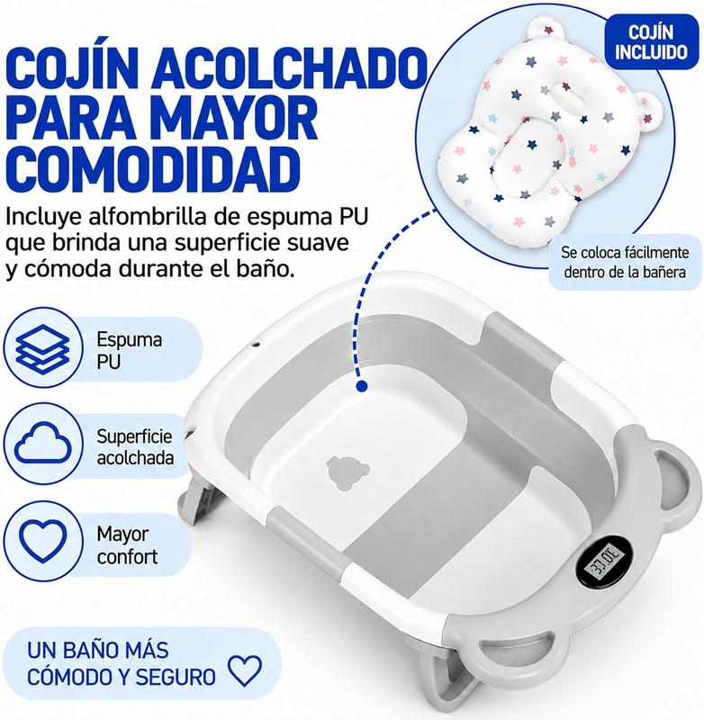 Bluelander Bañera Plegable para Bebé 69.5 x 42 x 21 cm con Medición de Temperatura Cojín de Espuma PU Patas Plegables Espacio para Biberón