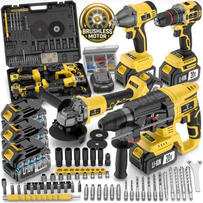 Kit de Herramientas Inalámbricas 4 en 1 sin Escobillas, Rotomartillo, Taladro, Esmeriladora y Llave de Impacto con 3 Baterías 4.0Ah