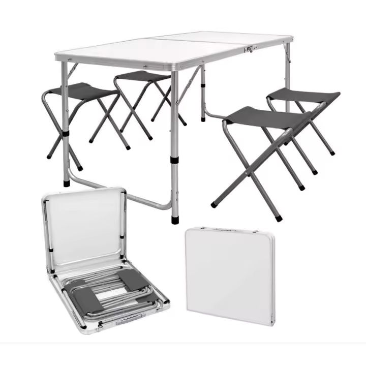 Mesa plegable de camping con 4 taburetes de aluminio y loneta gris, mesa plegable picnic con sillas con estuche