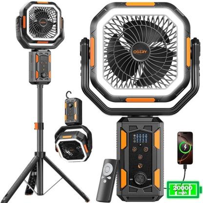 Ventilador Portátil 4 en 1 para Camping con Trípode Desmontable, Batería Recargable de 30000 mAh, Luz LED, Giro de 270°, Control Remoto y Oscilación