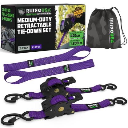 Correas de amarre retráctiles con matraca de 2.5 cm x 3 m, paquete de 2 o 4 piezas, resistentes y de uso medio, ideales para camionetas y remolques de carga.