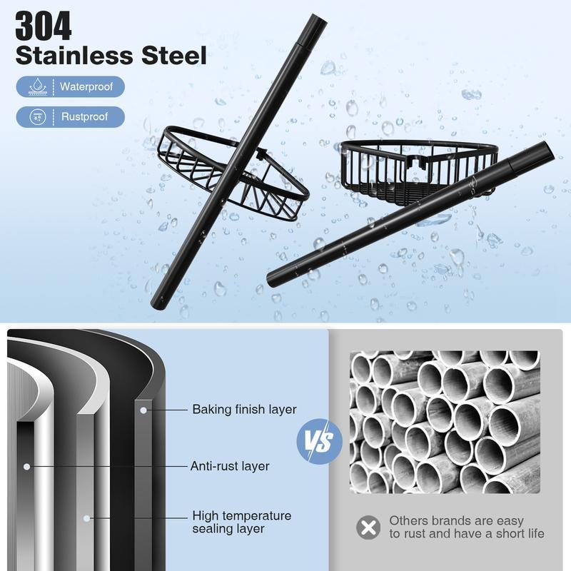 Organizador Esquinero para Regadera de 4 Niveles, Acero Inoxidable, Sin Perforar, Ajustable 47-121", Negro