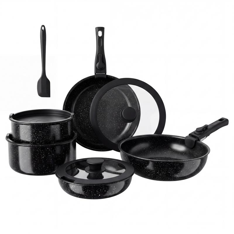 Set de 25 piezas de utensilios de cocina antiadherentes de cerámica tipo granito, ollas y sartenes de aluminio con tapas de vidrio, mangos de baquelita cómodos, calentamiento rápido y uniforme, seguro para alimentos y compatible con inducción.