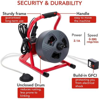 Máquina Eléctrica Destapacaños de 50 pies × 5/16", Motor de 120V 2.1A, Barrena para Tuberías con 6 Cortadores, Ideal para Tuberías de 3/4" a 3"