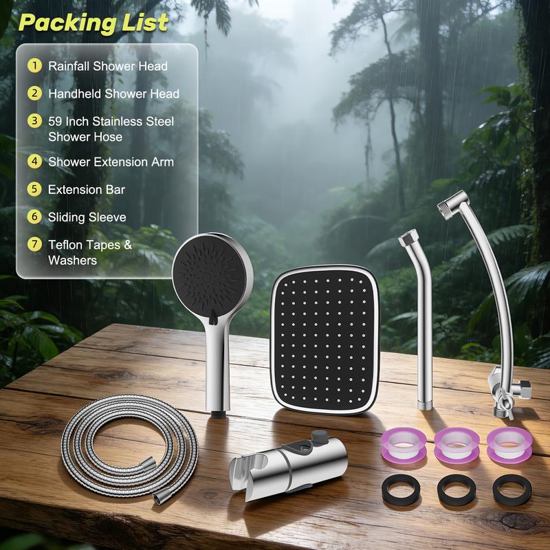 Combo de Regadera de 10", Alta Presión con Efecto Lluvia, 5 Modos de Rociado, Ducha de Mano, Desviador de 3 Vías, Brazo Ajustable, Manguera de 59" y Soporte, Acabado Cromo