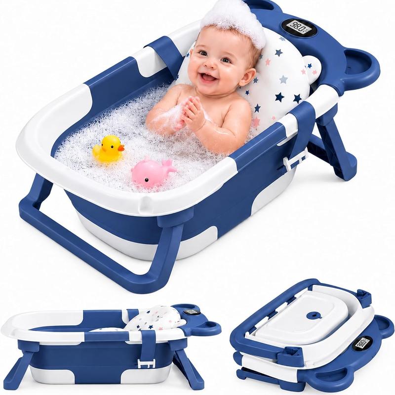 Bluelander Bañera Plegable para Bebé 69.5 x 42 x 21 cm con Medición de Temperatura Cojín de Espuma PU Patas Plegables Espacio para Biberón