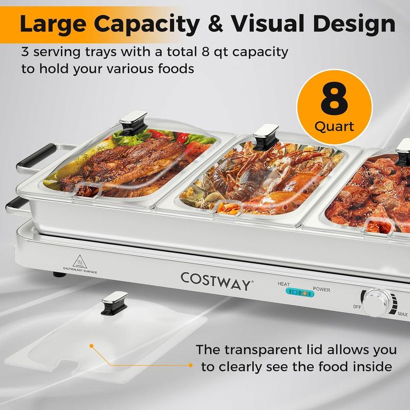 Buffet Eléctrico 2 en 1 con Bandeja Calentadora de Acero Inoxidable, Control de Temperatura, 3 Charolas y Capacidad de 4.5/8 Qt para Fiestas y Eventos