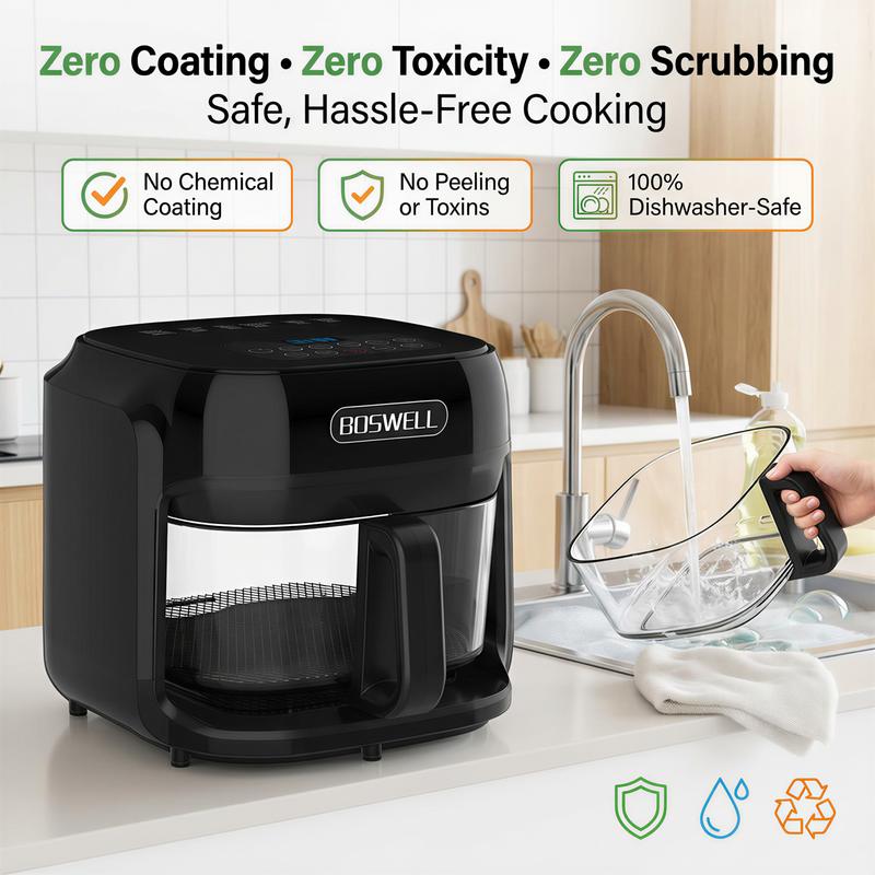 Freidora de Aire de Vidrio de 7.5 QT, Tazón Transparente Resistente al Calor, 1200W, 5 en 1, Cocina un Pollo Entero, Cocción Sin Aceite, Recipiente Apto para Lavavajillas, Ideal para Familias y Preparación de Comidas