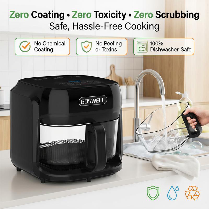 Freidora de Aire de Vidrio de 7.5 QT, Tazón Transparente Resistente al Calor, 1200W, 5 en 1, Cocina un Pollo Entero, Cocción Sin Aceite, Recipiente Apto para Lavavajillas, Ideal para Familias y Preparación de Comidas