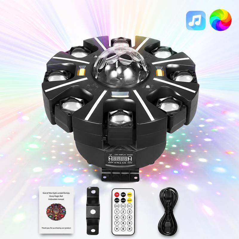Cabeza Móvil RGBW de 8 Ojos para DJ, Luz para Fiestas con Láser Rojo y Verde, 38 Tiras de Luz RGB, Estroboscópico, Luz de Escenario Activada por Sonido DMX512 para Clubes, KTV, Salas de Juegos, Raves, Fiestas en Casa, Fiestas de Halloween y Ambientes