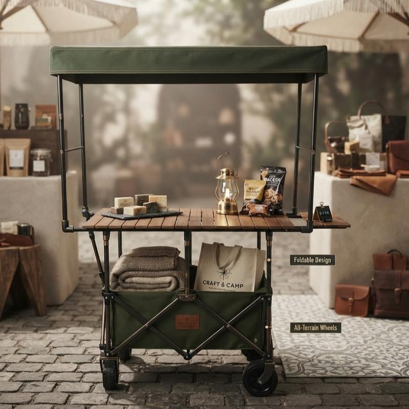 Carrito Multiusos Plegable con Toldo y Ruedas – Estación Móvil para Eventos, Negocios y Picnic
