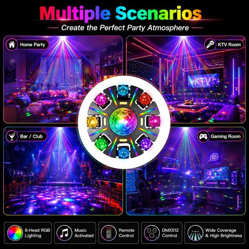 Cabeza Móvil RGBW de 8 Ojos para DJ, Luz para Fiestas con Láser Rojo y Verde, 38 Tiras de Luz RGB, Estroboscópico, Luz de Escenario Activada por Sonido DMX512 para Clubes, KTV, Salas de Juegos, Raves, Fiestas en Casa, Fiestas de Halloween y Ambientes