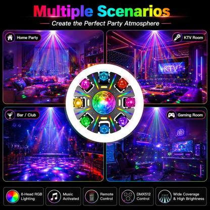 Cabeza Móvil RGBW de 8 Ojos para DJ, Luz para Fiestas con Láser Rojo y Verde, 38 Tiras de Luz RGB, Estroboscópico, Luz de Escenario Activada por Sonido DMX512 para Clubes, KTV, Salas de Juegos, Raves, Fiestas en Casa, Fiestas de Halloween y Ambientes