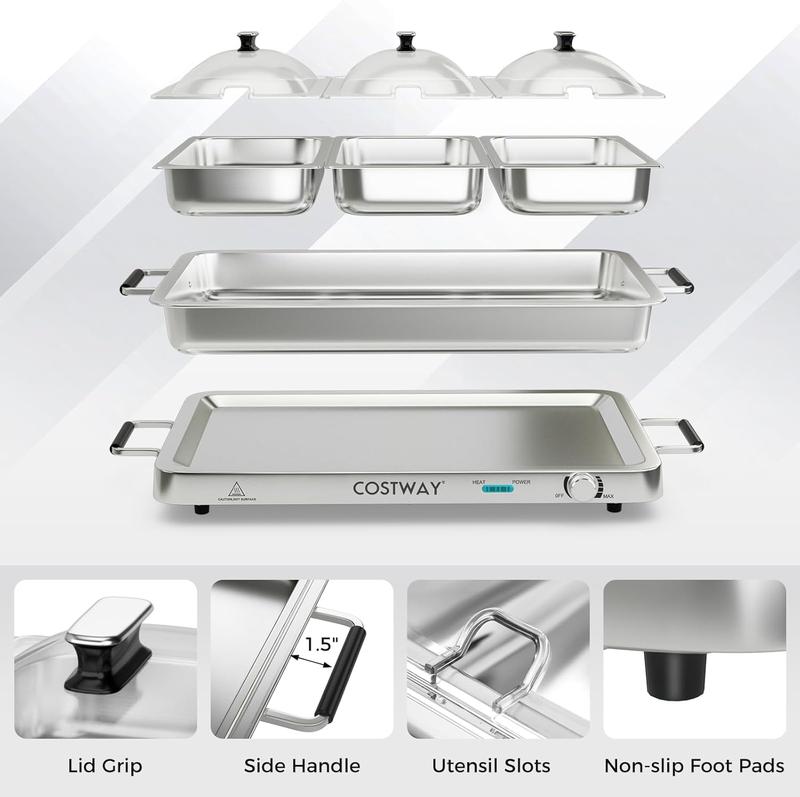 Buffet Eléctrico 2 en 1 con Bandeja Calentadora de Acero Inoxidable, Control de Temperatura, 3 Charolas y Capacidad de 4.5/8 Qt para Fiestas y Eventos